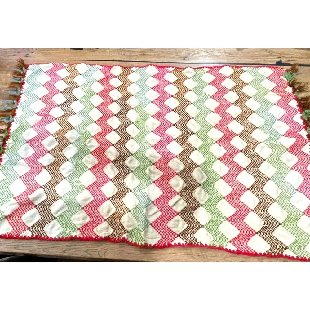 Vintage Handwoven Blanket Geometric Folk Art Pattern Fringed Border